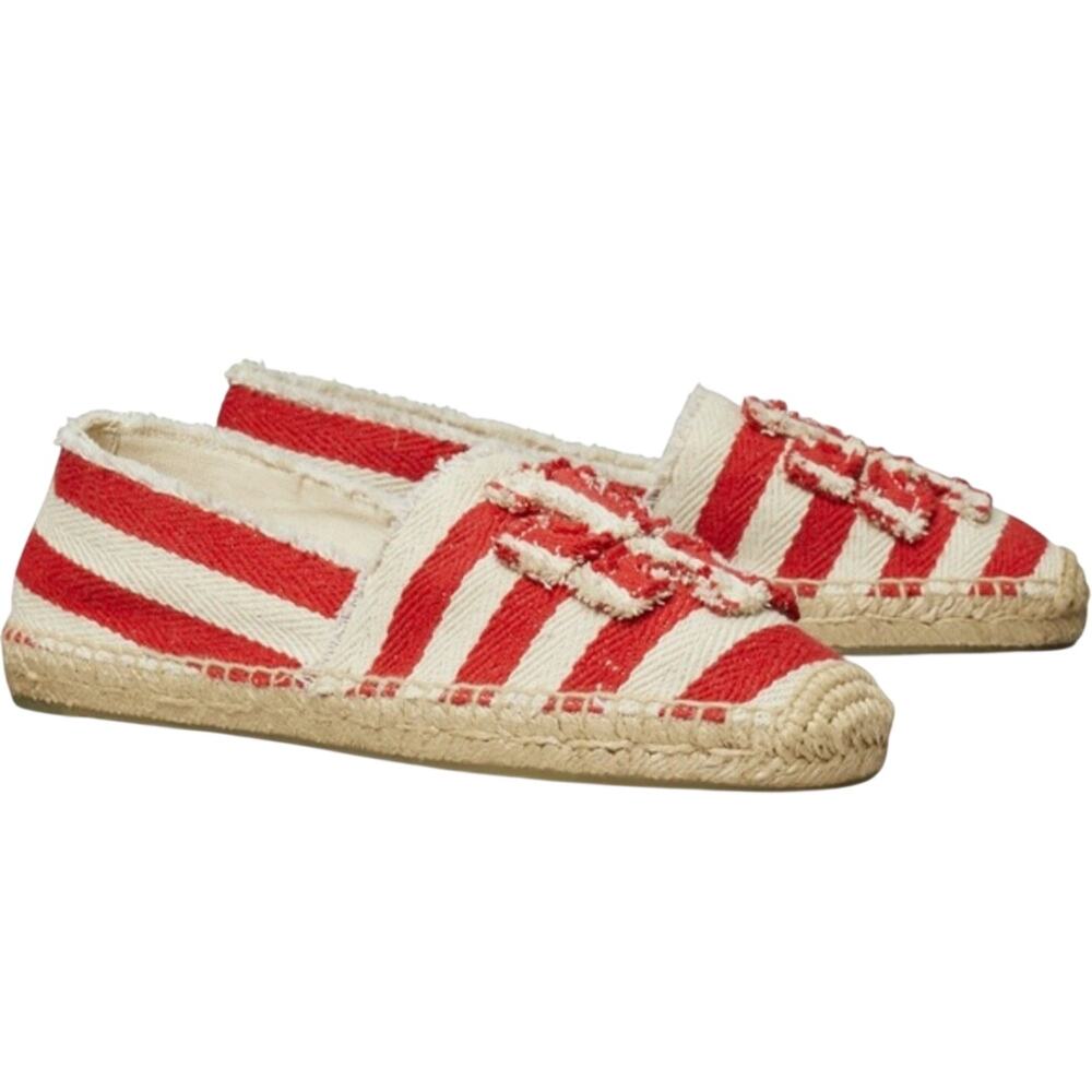 Tory Burch Women's Beige Red Fray Stripe Espadrille Flats NWOB Size 8
